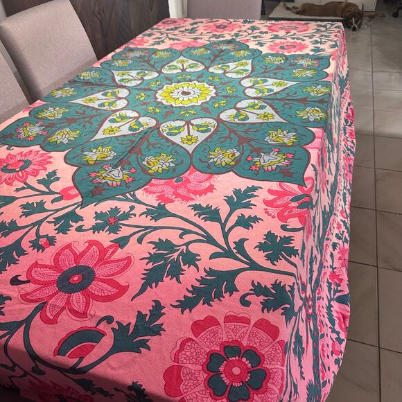 Anthropologie Vibrant Block Print Boho Green Mandala Tablecloth 81x97 Green Pink - Picture 1 of 10